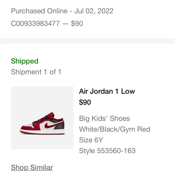 Air Jordan 1 Low, Big Kids' Shoes
White/Black/Gym Red
Size 6Y - Picture 5 of 5